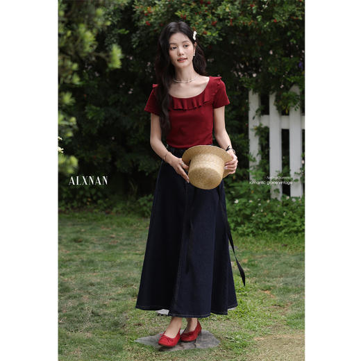 鹿向南「柔光梦境」紫色荷叶边正肩短袖T恤女夏季掐腰设计感上衣 商品图1