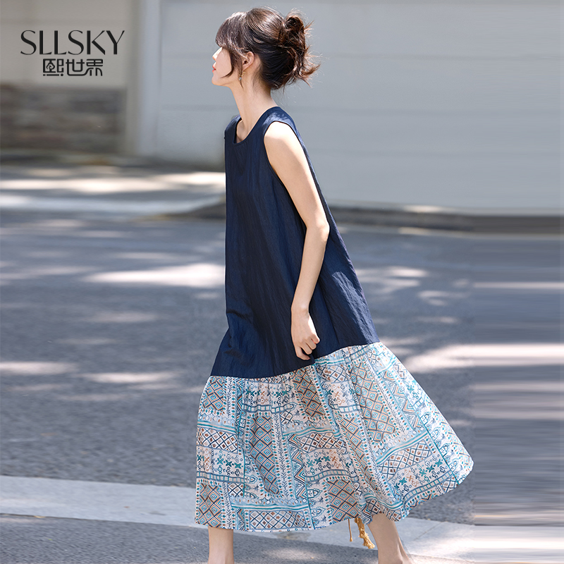 【07/16新品】熙世界轻熟风复古印花拼接背心连衣裙女夏季设计感假两件无袖裙子