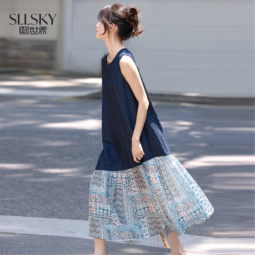 【07/16新品】熙世界轻熟风复古印花拼接背心连衣裙女夏季设计感假两件无袖裙子 商品图0