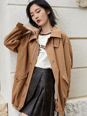 秋季新款卡其色工装风风衣外套女 宽松大口袋翻领夹克上衣