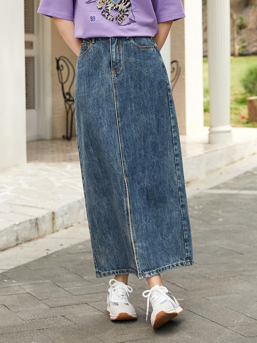 慵懒松弛感～蓝色高腰牛仔半身裙 直筒开叉 中长款 A 字裙 商品图0