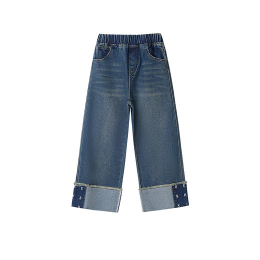 笛莎Deesha 童装女童裤子2025秋新款女童宽松阔腿绣花翻脚口牛仔裤 商品图4