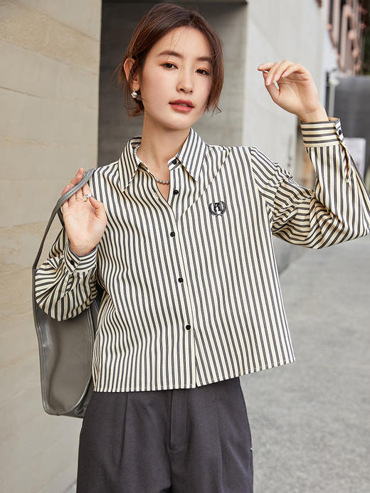 日常通勤必备！条纹短款衬衫 精致刺绣 简约又不失格调 商品图0