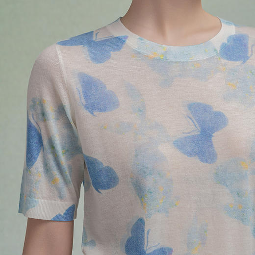 【林栖设计小店】蝴蝶衫轻氧薄绵羊毛衣印花油画衫套头透气早秋新款T恤短袖女G1953324 商品图3