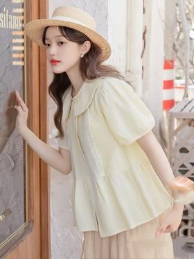 夏季最后清仓【韩系小衫】棉25068娃娃领拼蕾丝短袖小衫-喜出