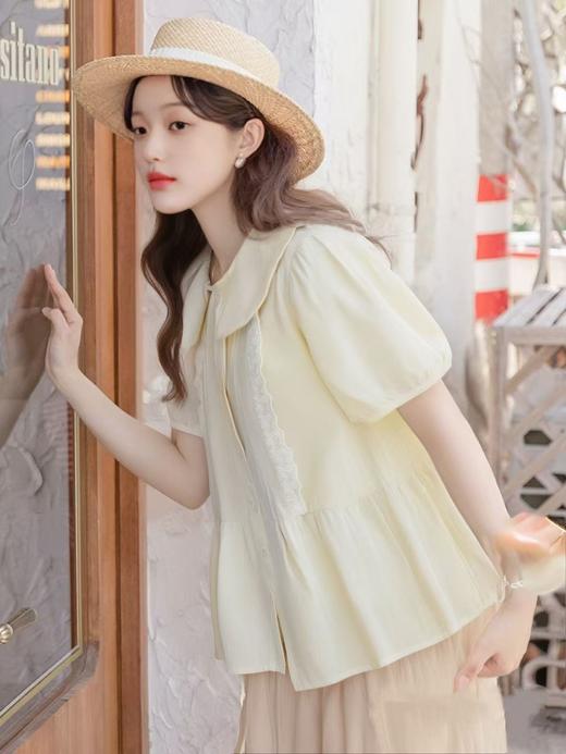 夏季最后清仓【韩系小衫】棉25068娃娃领拼蕾丝短袖小衫-喜出 商品图0