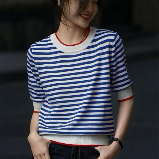 清爽撞色条纹简约针织衫T恤，夏季轻薄凉感短袖上衣 商品图2