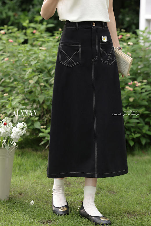 鹿向南「月下花眠」黑色高腰半身裙夏季新款时尚显瘦A字裙长裙女L56626 商品图5