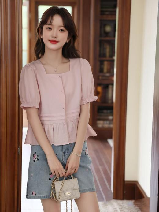 【韩系小衫】8855方领花边袖棉短袖小衫-喜出 商品图0