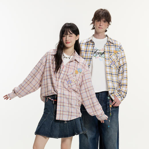 YKYB黄子韬 潮流格纹设计感衬衫刺绣小花百搭格子长袖衬衣外套秋Y53NCS055 商品图0