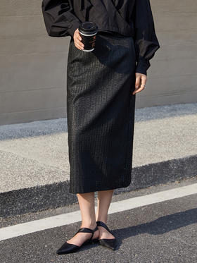 秋季新款黑色亮丝半身裙女 中长款修身显瘦包臀一步裙