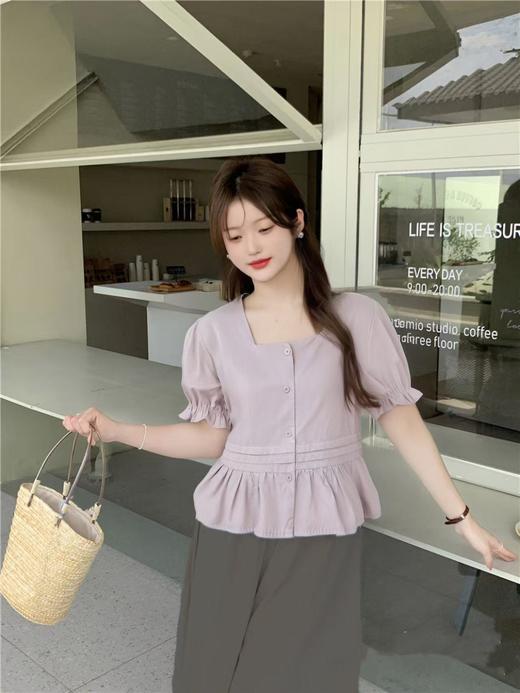 【韩系小衫】8855方领花边袖棉短袖小衫-喜出 商品图1