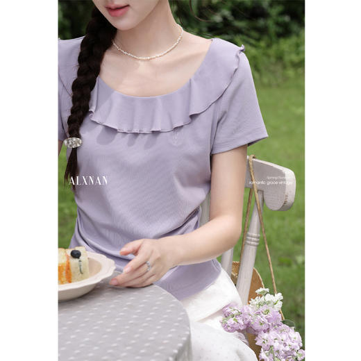 鹿向南「柔光梦境」紫色荷叶边正肩短袖T恤女夏季掐腰设计感上衣 商品图4