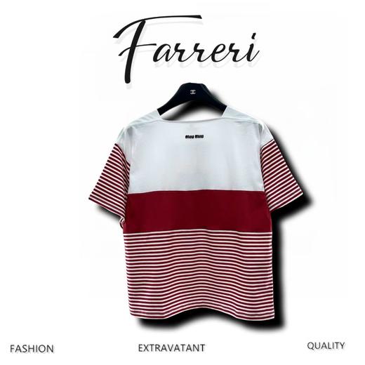 ♥缪家♥2025新品上架     条纹拼接一字肩短袖 商品图0