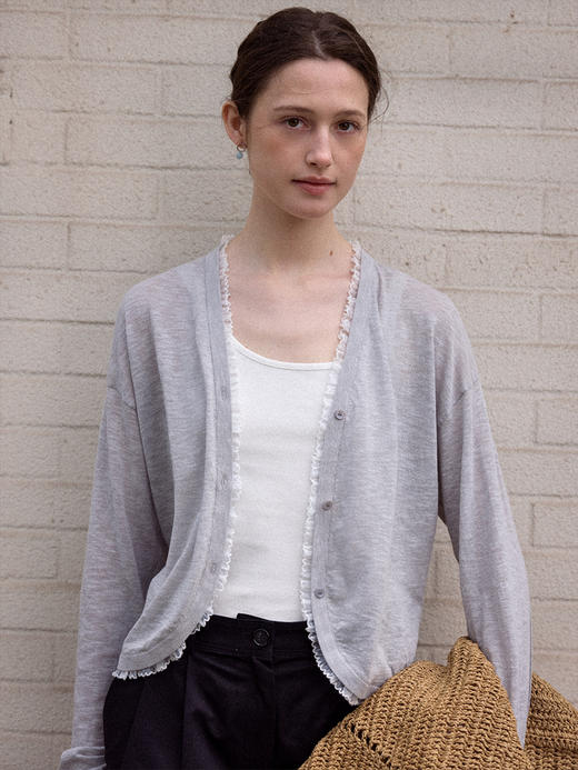 Even Vintage | 棉亚麻混纺 弧形下摆宽松百搭长袖防晒花边开衫 商品图3