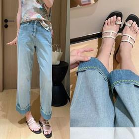 贼适配夏天！上身巨显瘦 ~ 莱卡四面弹 环保水洗两穿翻边刺绣直筒牛仔裤