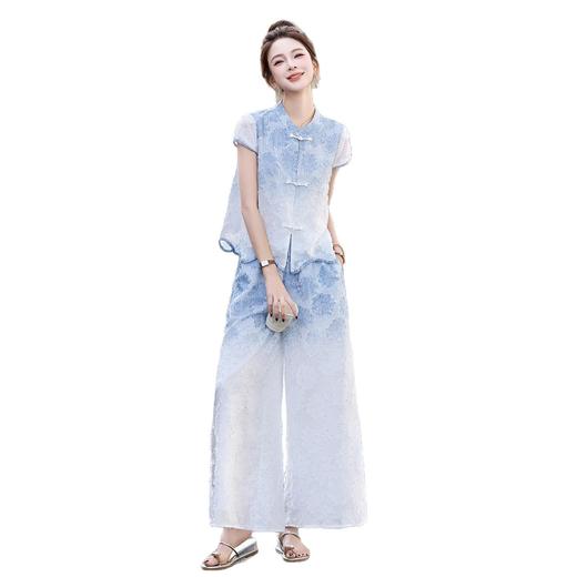 ZYI99902Q夏日绝美渐变套装女2025夏新款新中式国风提花气质阔腿裤两件套 商品图4