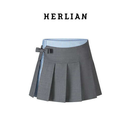 Herlian2025年秋季新品女士假两件格纹拼接不对称设计百褶裙 商品图4