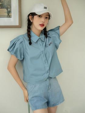 夏季最后清仓【时装系列】ME TOWN'S E1111短款湖蓝翻领爱心短款衬衫M1-2-喜出