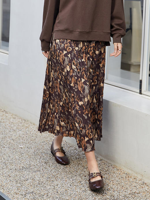 复古艺术感！棕调印花百褶半身裙，邂逅秋日浪漫 商品图0