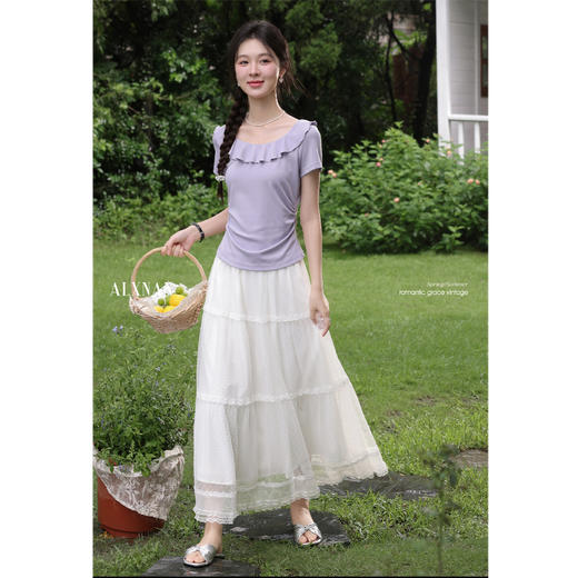 鹿向南「柔光梦境」紫色荷叶边正肩短袖T恤女夏季掐腰设计感上衣 商品图3