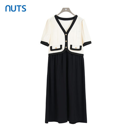 NUTS商场同款夏季V领时尚撞色优雅气质通勤短袖连衣裙428103483 商品图0