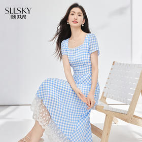 【专属特价】熙世界法式方领蓝白格子连衣裙女夏日海边度假风蕾丝拼接掐腰裙子