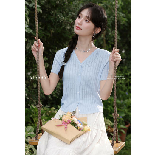 鹿向南「清川织夏」浅蓝色韩系V领针织衫女夏薄款设计感短袖上衣 商品图0