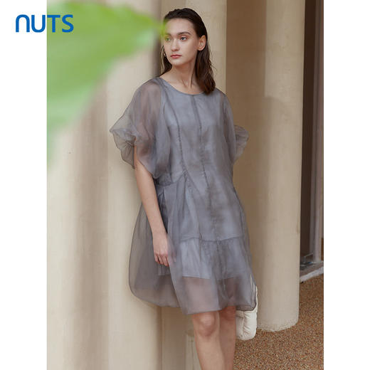 NUTS商场同款夏季设计感网纱拼接宽松短袖连衣裙324101083B 商品图0