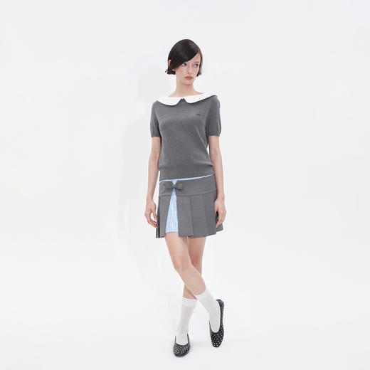 Herlian2025年秋季新品女士格纹拼接一字领针织短袖 商品图2