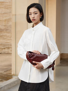 复古风白色立领衬衫女 精致花朵刺绣宽松显瘦长袖衬衣 文艺范上衣