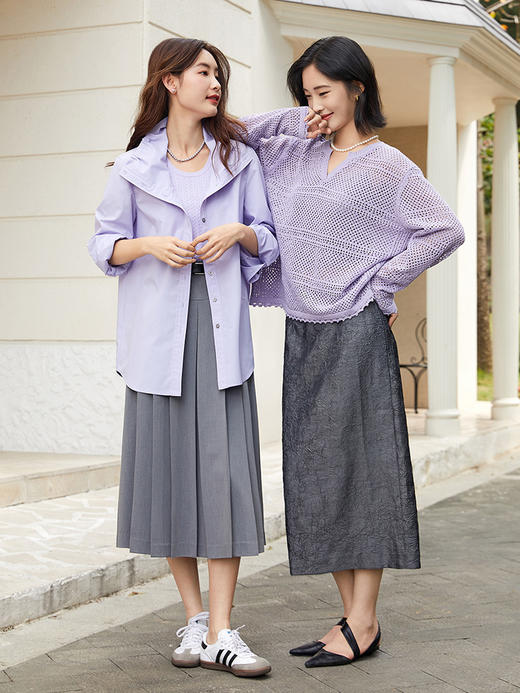 简约高级感！深灰色褶皱感半身裙 适配淡紫色镂空毛衣 优雅又时髦 商品图1