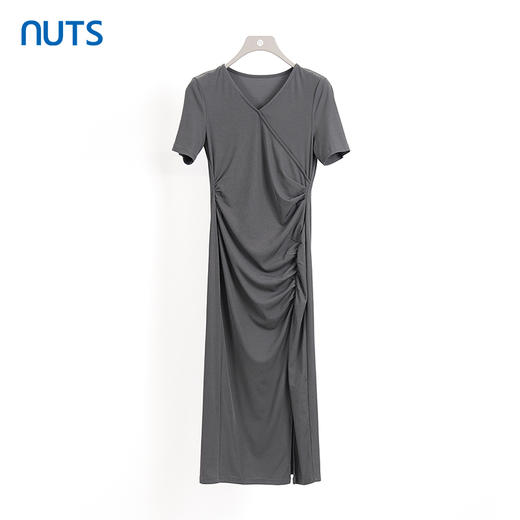 NUTS商场同款夏季设计感气质时尚褶皱V领短袖连衣裙422101199 商品图0