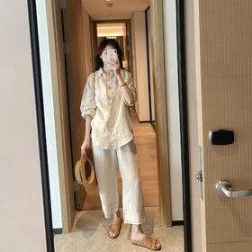 高奢经典！镶珠老钱风亚麻衬衫套装 100%进口亚麻雨露麻!