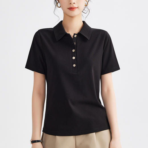 「自j」全新升级【铂金会员109/天猫149/差价40】(73112)洛诗琳轻氧感翻领休闲短袖T恤2025夏季显瘦正肩金扣polo小衫 商品图3