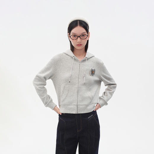 Herlian2025年秋季新品女士格纹钉珠立体花瓣装饰短版卫衣开衫 商品图3