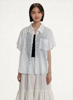 七夕福利-NO退【超值新品】垫肩可拆-重工镂空刺绣翻领宽松大版上衣（不含吊带）-喜出