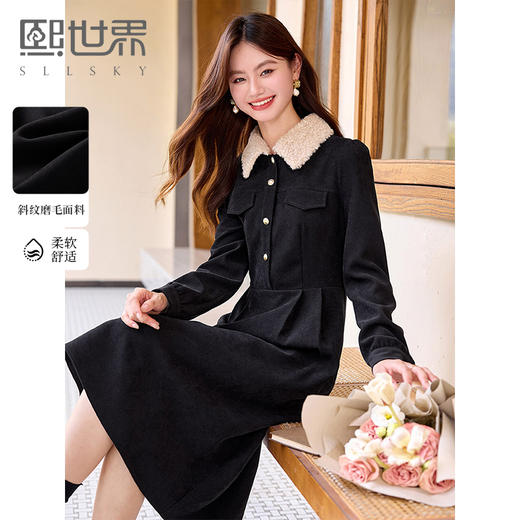 【专属特价】熙世界游牧风仿羊羔毛翻领连衣裙女秋冬设计感黑色法式赫本衬衫裙 商品图0