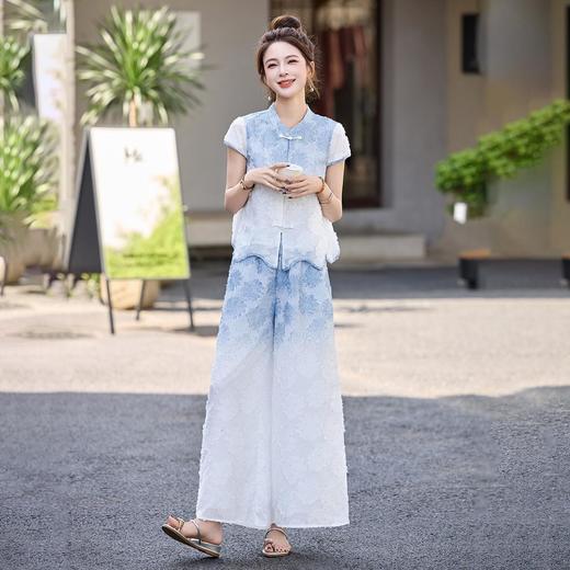 ZYI99902Q夏日绝美渐变套装女2025夏新款新中式国风提花气质阔腿裤两件套 商品图3