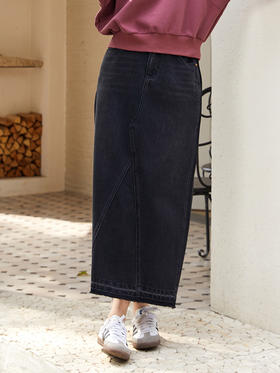黑色牛仔半身裙女 2025 新款高腰中长款 不规则拼接设计感裙子