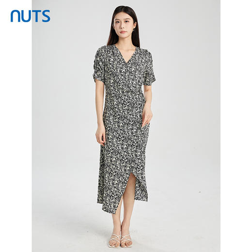 NUTS商场同款夏季V领气质时尚高腰V领碎花短袖连衣裙422101065 商品图1