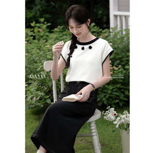 鹿向南「月下花眠」黑色高腰半身裙夏季新款时尚显瘦A字裙长裙女L56626 商品图4