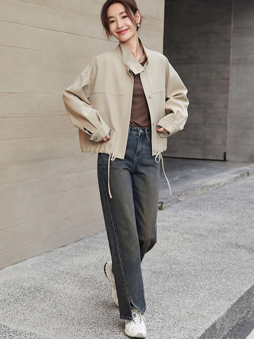简约立领抽绳束口 卡其色休闲短款风衣外套 商品图1