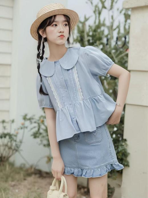 夏季最后清仓【韩系小衫】棉25068娃娃领拼蕾丝短袖小衫-喜出 商品图3