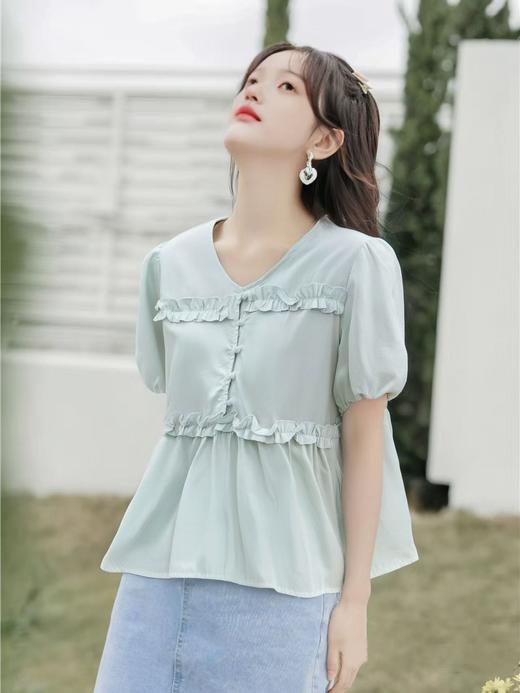 【韩系小衫】棉质25089横条花边套头短袖小衫-喜出 商品图2