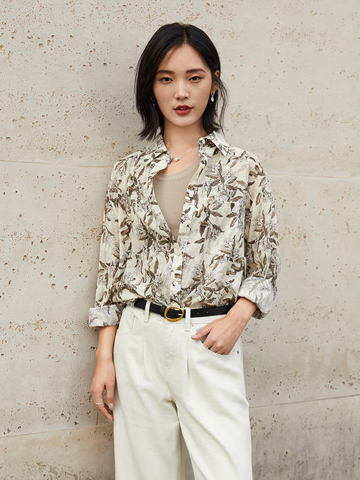 复古文艺风印花衬衫女 宽松显瘦翻领长袖上衣 商品图0