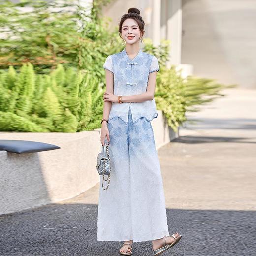 ZYI99902Q夏日绝美渐变套装女2025夏新款新中式国风提花气质阔腿裤两件套 商品图0