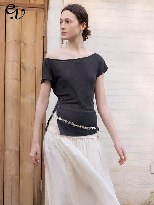 Even Vintage | 天丝羊毛混纺 三穿正肩一字斜肩领型夏日优雅上衣 商品图0