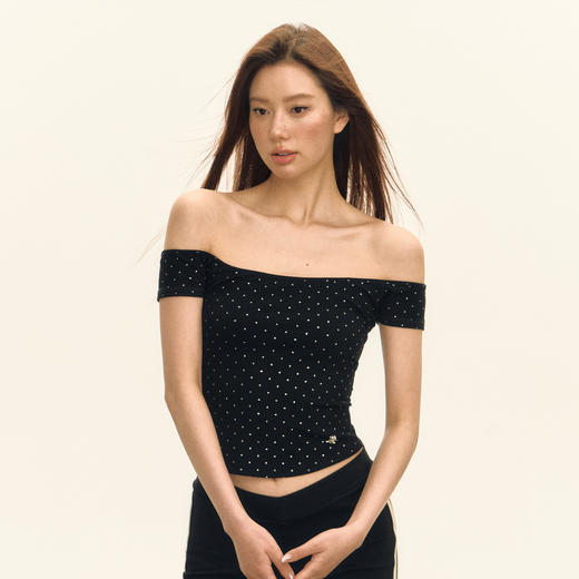 Ariseism 美式辣妹短款烫钻一字肩短袖t恤女夏季新款紧身露肩上衣 商品图2