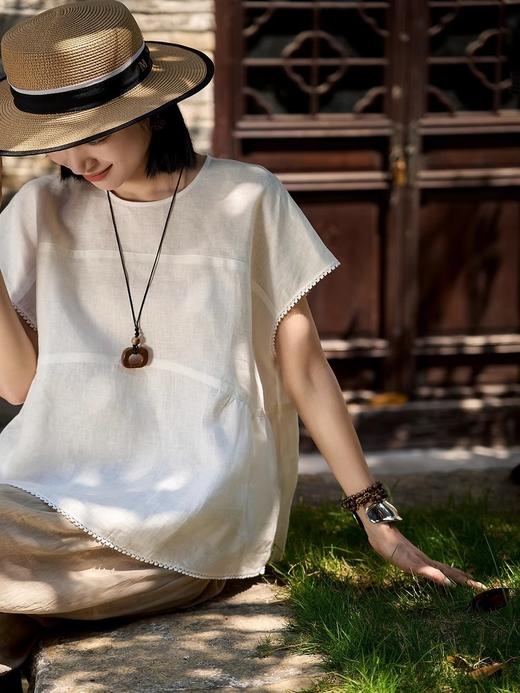 进口苎麻桑蚕丝蕾丝花边上衣小A轻盈麻衫 商品图1